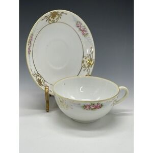 Antique Nippon Teacup & Saucer Plate Hand Painted Floral A50